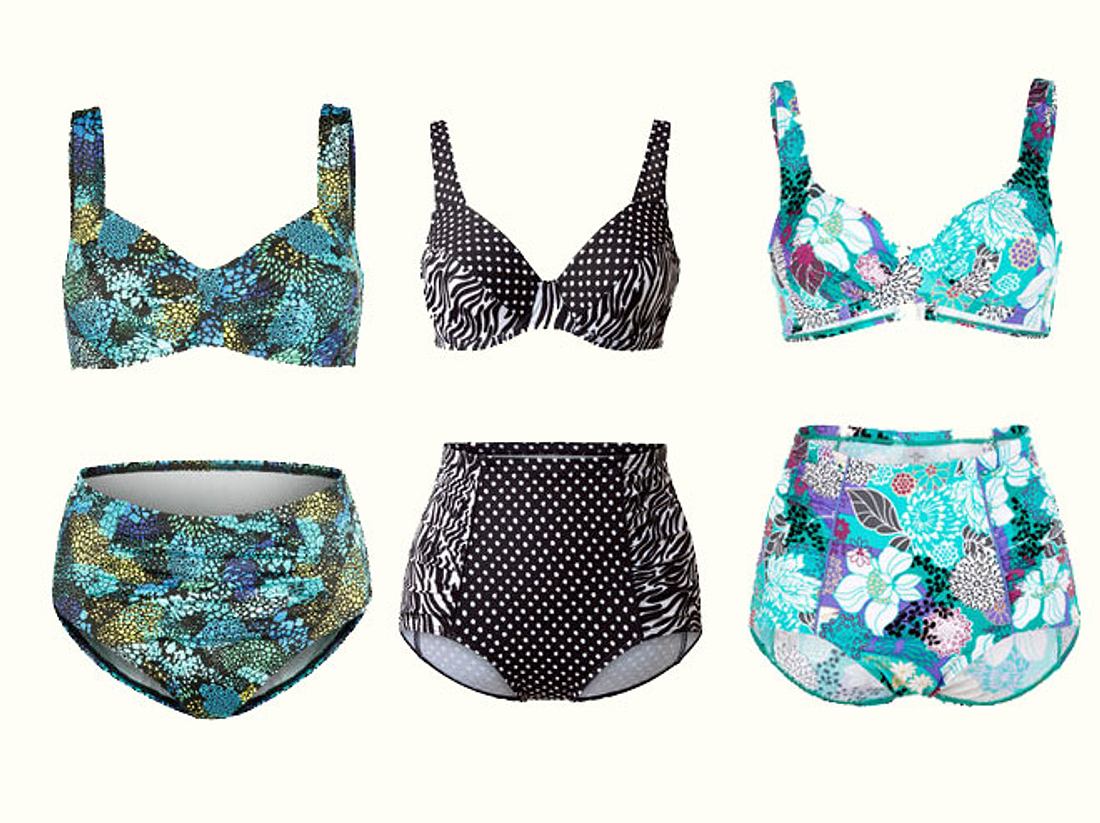 Hoher Bund, bunte Farben - Happy Size trumpft mit auffälligen Designs für
kurvige Frauen mit Körbchengrößen B bis E auf. Bikinis in Übergrößen von Happy Sizes stehen auch molligen Frauen sehr gut.