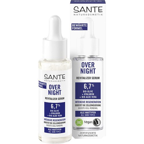 Sante Overnight Revitalizer Serum mit Bio Aloe Vera, Oliven und Hyaluron, 30 m