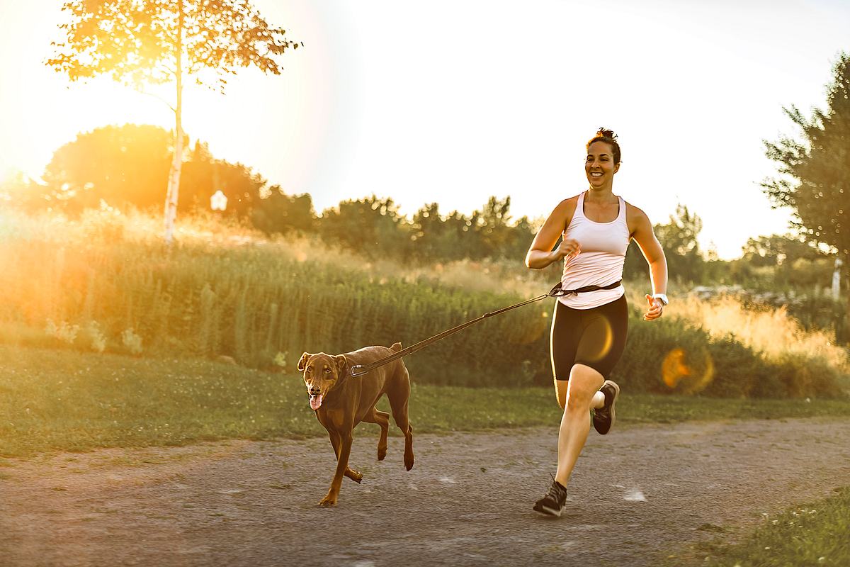 Eine Frau die mit ihrem Hund an der Joggingleine joggt