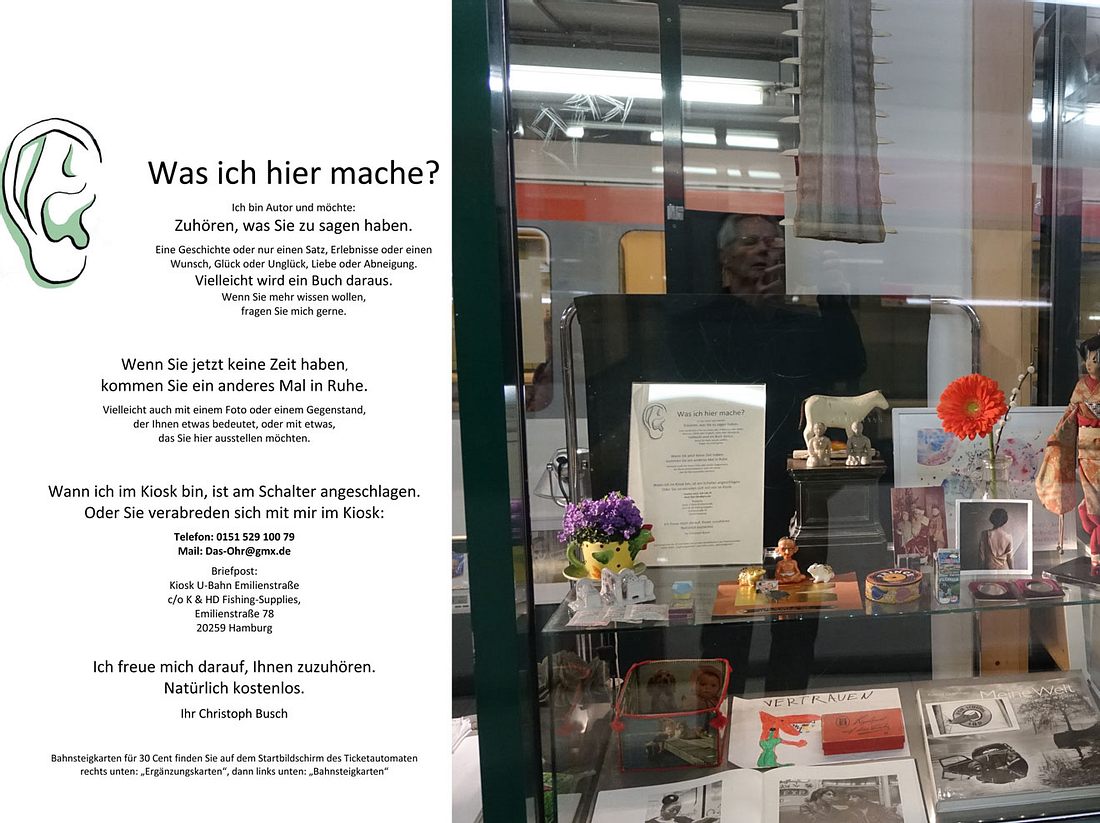 Mit diesem Flyer ird auf den Zuhörer-Kiosk aufmerksam gemacht. / Blick in die
Auslage.