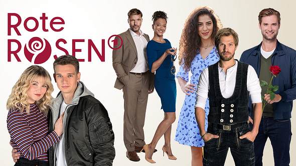 Der Cast der 21. Staffel Rote Rosen (v.l.n.r.): Charlotte Dahlmann (Malene Becker), Marvin Köpke (Maurice Pawlewski), Ralf Sobotta (Hardy Krüger Jr.), Anette Roth (Sarah Masuch),  Dilay Kilic (Ideal Kanal), Jorik Eilers (Remo Schulze) , Simon Dahlmann (Thore Lüthje).  - Foto: Collage von Liebenswert & ARD/Nicole Manthey, Thorsten Jander, Georg Wendt