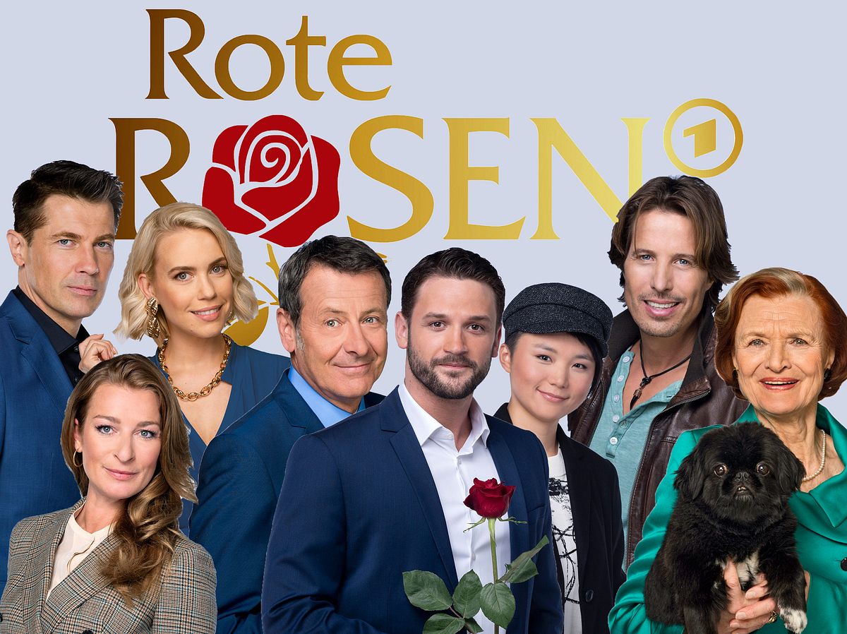 'Rote Rosen'-Darsteller vor dem Logo in einer Fotomontage. 