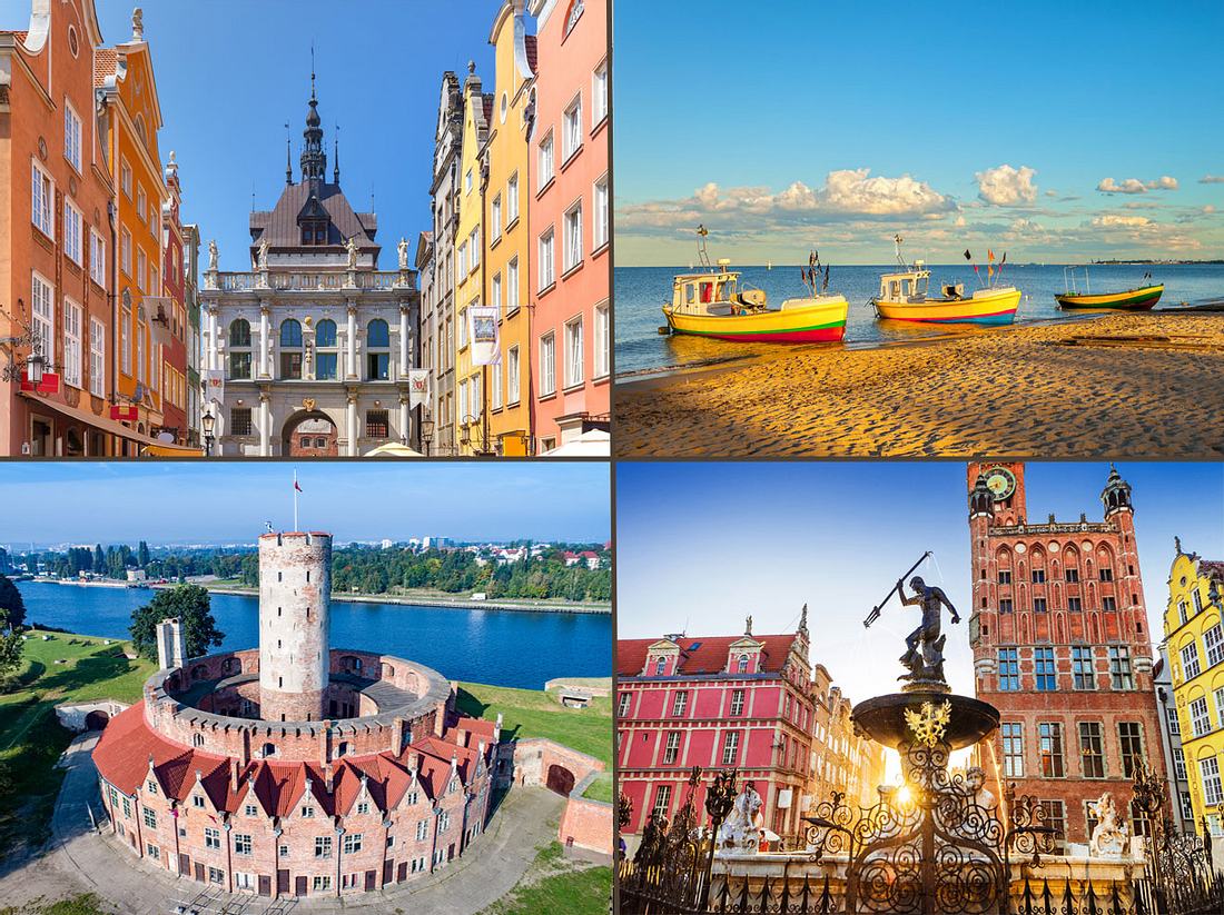 Im Uhrzeigersinn: 1. Die Langgasse gilt wegen der vielen Geschäfte und Cafés als
Herz von Danzig. 2. Die Danziger Bucht bietet kilometerlange Ostsee-Strände. 3.
Die beeindruckende Festung Weichselmünde gehört zu Danzigs historischem Museum.
4. Der Neptunbrunnen ist ein beliebtes Fotomotiv in der Altstadt von Danzig. Sehenswürdigkeiten in Danzig