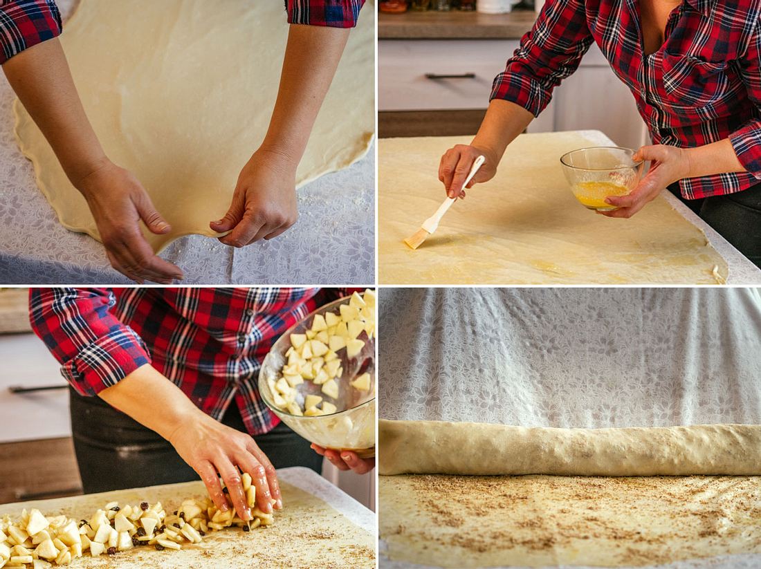 Erst wird der Teig ganz dünn ausgezogen. Anschließend mit flüssiger Butter
bestrichen, mit der Apfelmasse gefüllt und mit dem Tuch aufgerollt. Strudel zubereiten