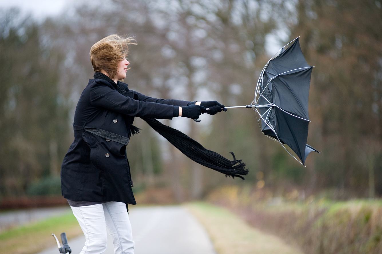Eine Frau versucht ihren Regenschirm festzuhalten. 