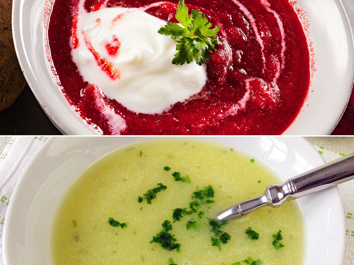 Rote-Bete-Suppe und Kohlrabisuppe.